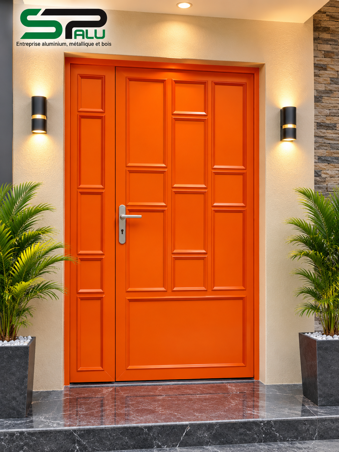 Porte double battant orange — Panneaux moulurés